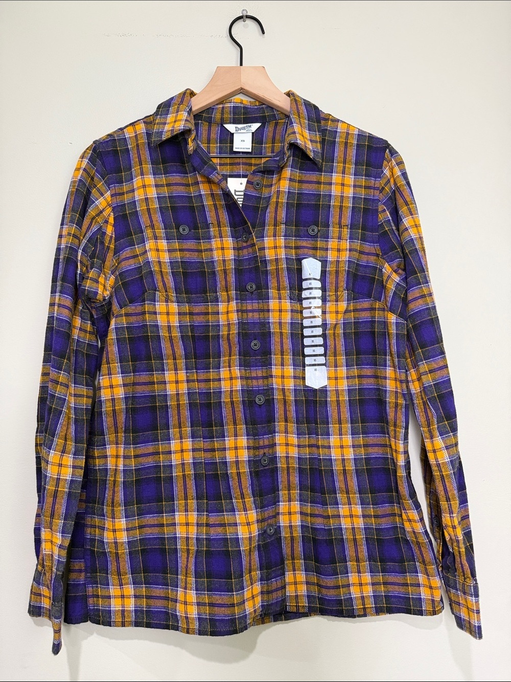 NWT Duluth Trading Co Womens Free Swingin’ Flannel Shirt Purple & Yellow XS